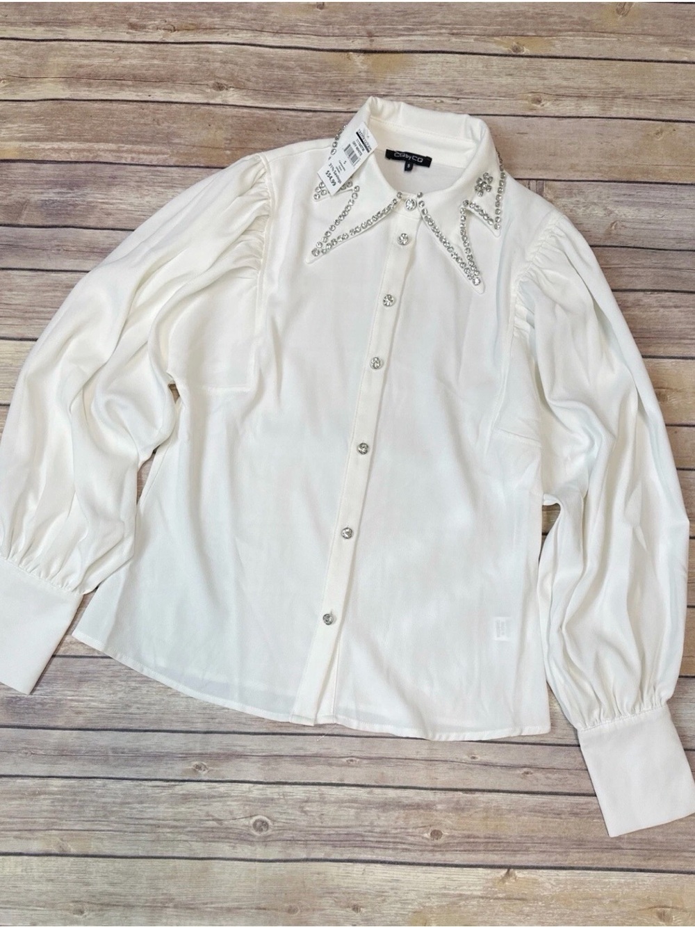 CQ by CQ Women's Jeweled Collar Ballon Sleeve Button Down Shirt Off White  S